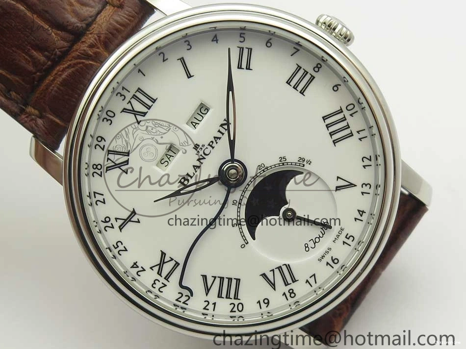 0712 Upgraded Villeret Quantième Complet 8 Jours SS Complicated Function OMF 1:1 Best Edition White Dial on Brown Leather Strap A 7983